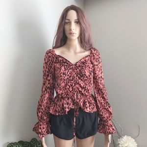 Nasty Gal long sleeves blouse top ruched cropped leopard animal print ruched